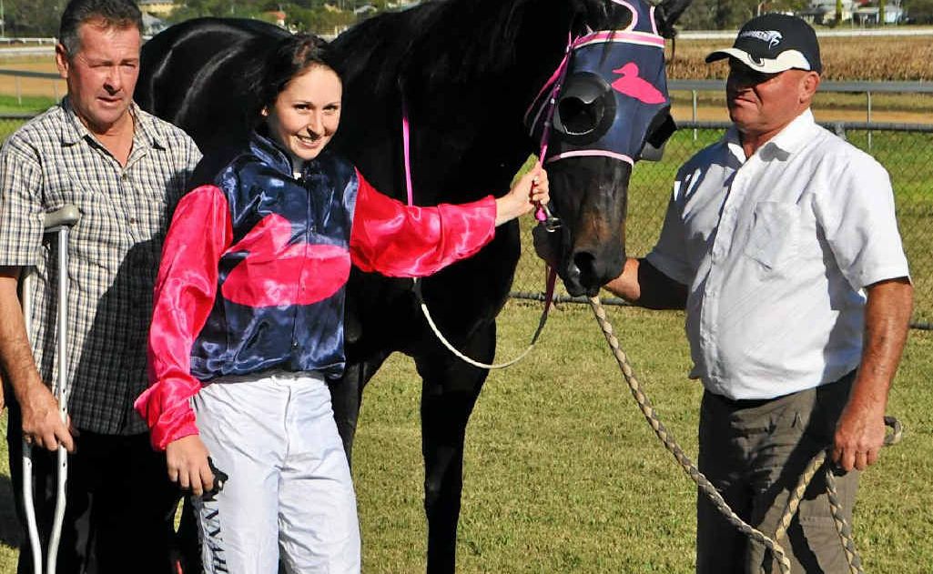 Trainer Donald Baker, jockey Alannah Fancourt and strapper John Kehoe with Long Tan Cup winner Back On Top at the RSL Memorial Races on Saturday. Trainer Donald Baker, jockey Alannah Fancourt and strapper John Kehoe with Long Tan Cup winner Back On Top at the RSL Memorial Races on Saturday.